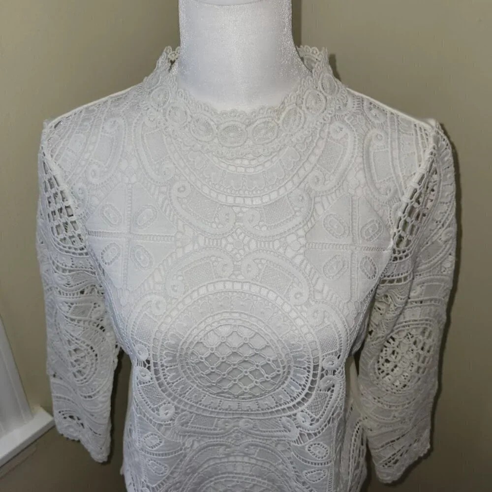 Anthropologie James Coviello Medallion Lace Front  Mock Neck Ivory Blouse SZ SP - Picture 8 of 12